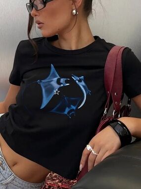 Stingray Glowing Blue Star Y2K Aesthetic Vintage Black Baby Tee